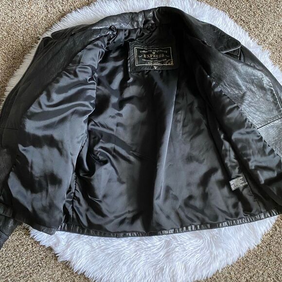 Express Genuine Leather Jacket Vintage Black Moto Y2K Womens Size Medium No Belt - Picture 7 of 11
